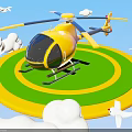 Yellow Helicopter Parked On Circular Green And Yellow Platform With White Clouds And Flying Birds