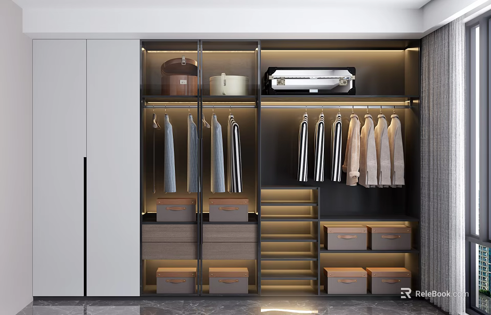 Modern Wardrobe Interior With Clothing Racks Drawers Storage Boxes And Lighting 3d model 