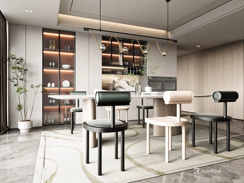 Modern Restaurant Interior Design With Open Kitchen And Stylish Dining Setup 3d model 