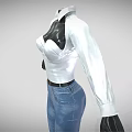 White Shirt With Black Patent Leather Corset And Blue Jeans Holding White Undergarment
