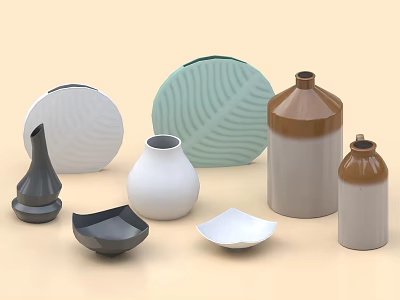 Decorative Vases And Plates In White Green Brown Black With Various Shapes For Home Decor 3d model