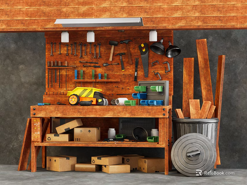 Hardware Tools Organized on Wooden Workbench with Tool Rack Toolboxes and Wooden Planks in Workshop 3d model 