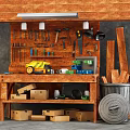 Hardware Tools Organized on Wooden Workbench with Tool Rack Toolboxes and Wooden Planks in Workshop