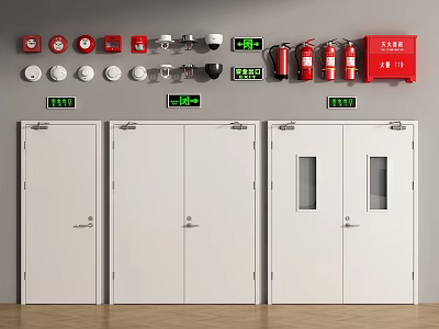 Wall Mounted Fire Equipment with White Doors Fire Extinguishers and Green Signs 3d model