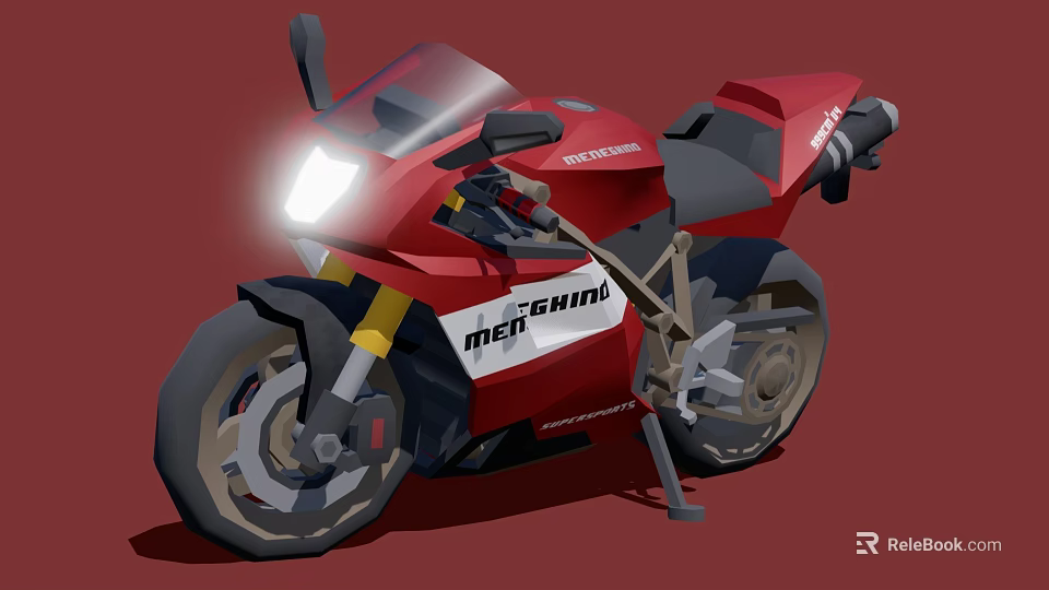 Red Sporty Motorcycle with Bright Headlight Black Seat Yellow Forks and NERODIN Logo 3d model 