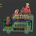 Cartoon Style Coffee Truck with Octopus Chef Hat Cup Headphone and Pasta on Blue Wheels