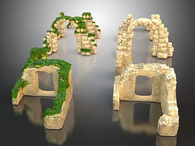 Wood And Stone Architectural Structures With Archways Mossy Walls And Green Plants 3d model
