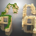 Wood And Stone Architectural Structures With Archways Mossy Walls And Green Plants