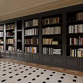 Built in Large Black Bookcase Filled With Various Books In Modern Room Interior
