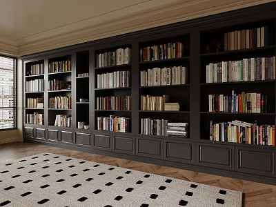 Built in Large Black Bookcase Filled With Various Books In Modern Room Interior 3d model