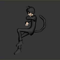 Playful Child in Black Outfit with Tail Jumping in 3D Model Design