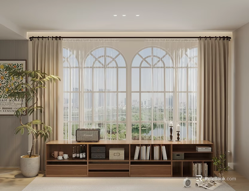 Entryway Wooden Side Cabinet With Books Decor And Potted Plant By Window 3d model 