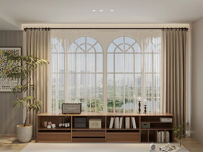 Entryway Wooden Side Cabinet With Books Decor And Potted Plant By Window 3d model