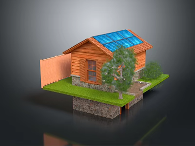 Wooden Cabin With Solar Panels On Roof Wooden Fence Grass Lawn Tree And Shrubs 3d model