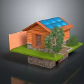 Wooden Cabin With Solar Panels On Roof Wooden Fence Grass Lawn Tree And Shrubs