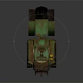 Green Tracked Military Vehicle With Worn Exterior And Warning Lights