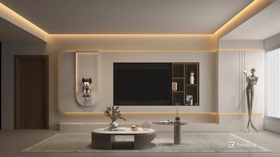 Modern TV Wall Design With LED Strip Lighting Built-in TV And Decorative Shelves 3d model 