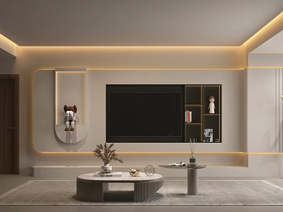 Modern TV Wall Design With LED Strip Lighting Built-in TV And Decorative Shelves 3d model