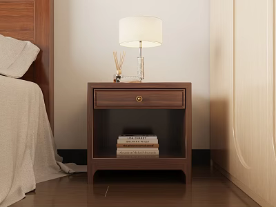 Wooden Walnut Nightstand With Table Lamp Aromatherapy Sticks Drawer And Stacked Books In Bedroom 3d model