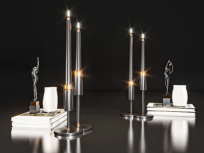 Modern Decorative Ornament Set with Lit Candles Metallic Holders Sculptures White Vases and Stacked Books for Home Decor 3d model