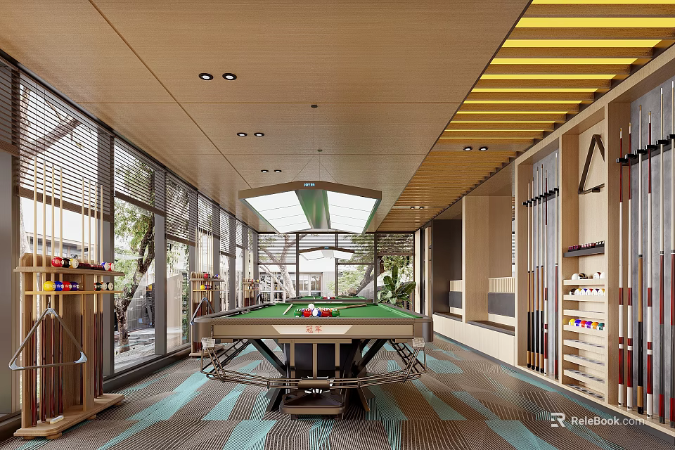 Modern Billiard Room With Green Felt Table Large Windows And Yellow Striped Ceiling 3d model 