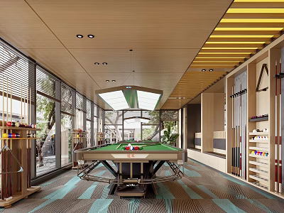 Modern Billiard Room With Green Felt Table Large Windows And Yellow Striped Ceiling 3d model