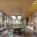 Modern Billiard Room With Green Felt Table Large Windows And Yellow Striped Ceiling