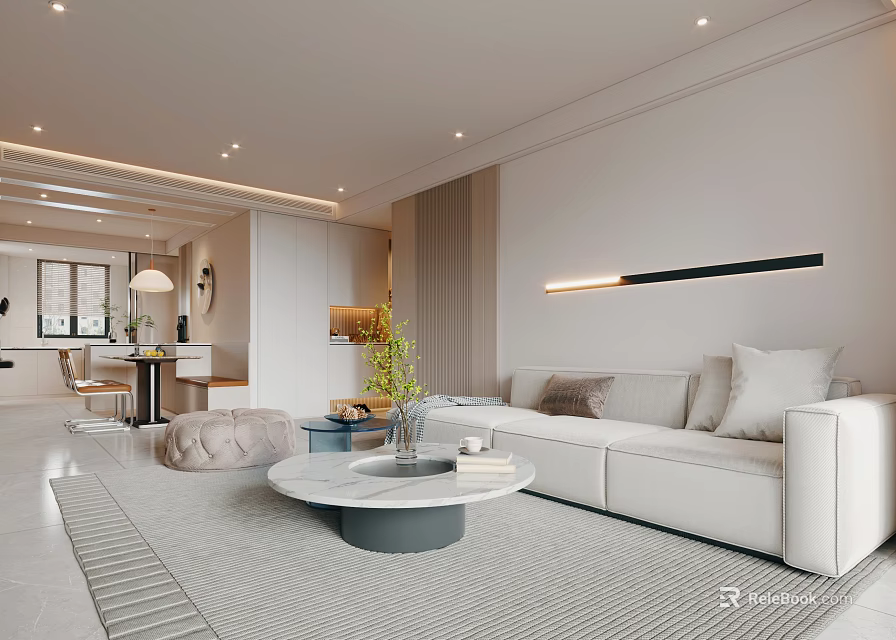 Modern Minimalist Living Dining Room Interior With White Sofa Round Coffee Table And Pendant Lights 3d model 