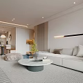 Modern Minimalist Living Dining Room Interior With White Sofa Round Coffee Table And Pendant Lights