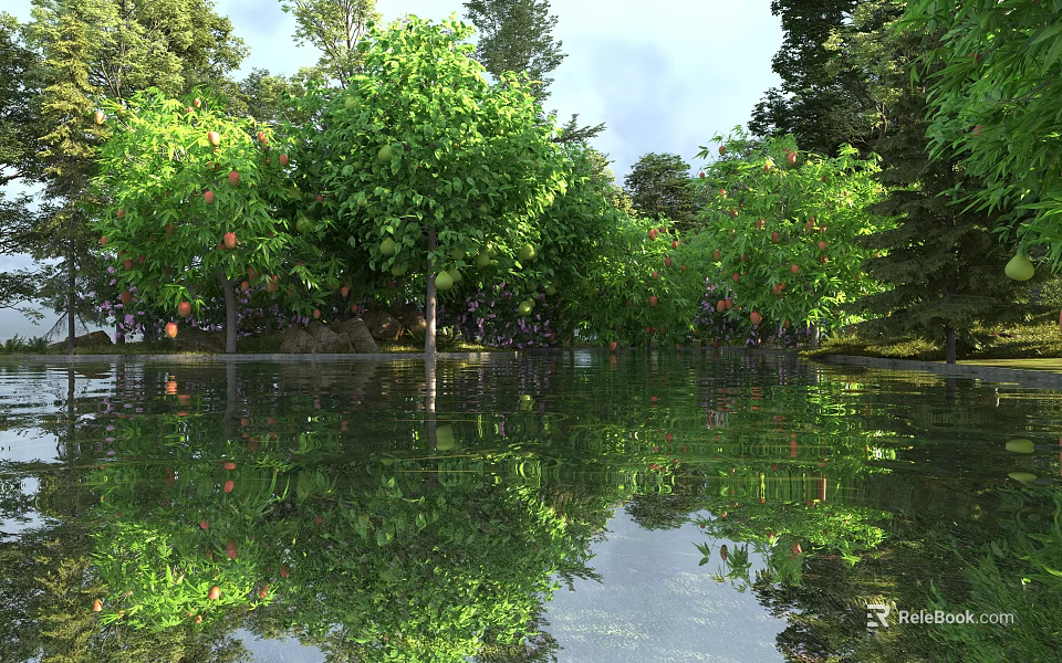 Vibrant Garden Landscape With Lush Green Trees Fruits And Clear Water Reflection 3d model 