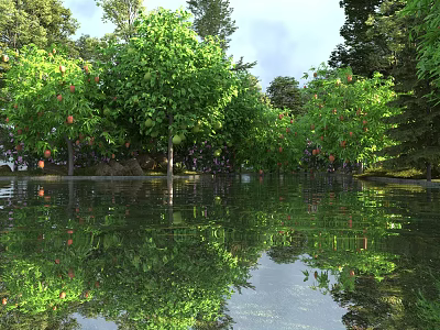 Vibrant Garden Landscape With Lush Green Trees Fruits And Clear Water Reflection 3d model