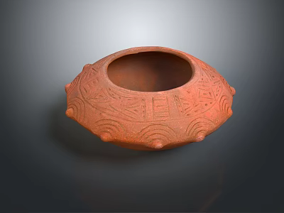 Reddish Brown Clay Pot With Carved Wavy Patterns And Protruding Decorations 3d model
