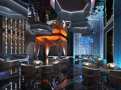 Modern Bar Interior Design With Stylish Sculpture Blue Lighting And Cozy Seating Areas 3d model