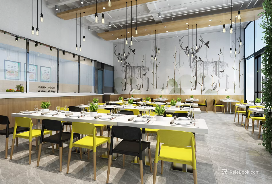 Modern Restaurant Interior With Yellow Black Chairs White Dining Tables Green Plants And Hanging Lights 3d model 
