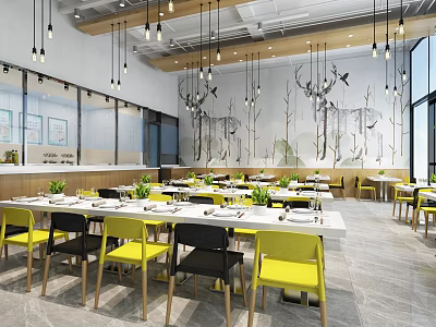 Modern Restaurant Interior With Yellow Black Chairs White Dining Tables Green Plants And Hanging Lights 3d model