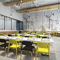 Modern Restaurant Interior With Yellow Black Chairs White Dining Tables Green Plants And Hanging Lights