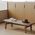 Minimalist Wooden Coffee Table With Books And Hat Near Window And Cabinets