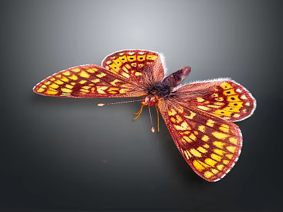 Vibrant Red And Yellow Butterfly With Spotted Wings On Dark Background 3d model