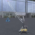 Industrial Crane Equipment With Blue Grab Bucket Yellow Base Metal Frame And Boom Structure