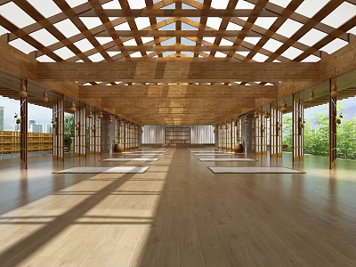 Spacious Yoga Fitness Studio With Wooden Roof Large Windows And Wooden Floors 3d model