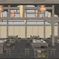 Traditional Chinese Hotpot Restaurant Interior With Wooden Structure Hanging Lanterns Wooden Benches And Hotpot Tables