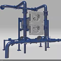 Blue Industrial Piping System with White Equipment and Dual Fans Complex Layout and Metal Supports