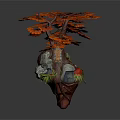 Decorative Orange Leaf Tree With Rocks And Small Plants On Wooden Base