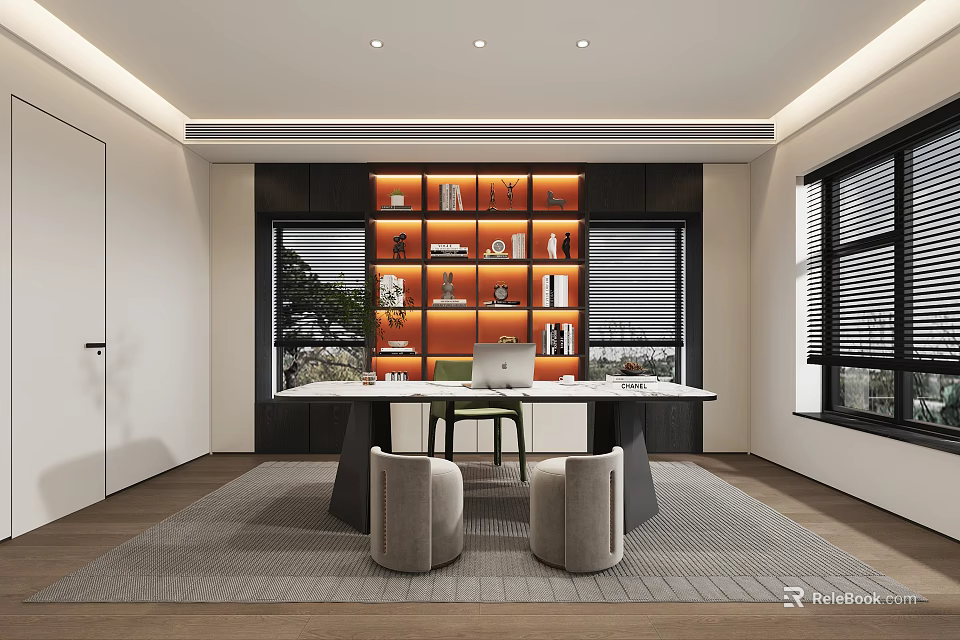 Modern Home Office Interior With Lit Bookshelves Desk Laptop Blinds Rug And Stools 3d model 