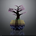 Bonsai Tree With Pink Blossoms And Green Grass In Decorative Yellow Blue Pot