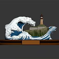 Cartoon Scene With Big Wave Lighthouse Island And Wooden Base