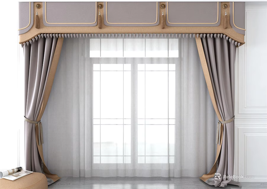 Elegant Gray Window Curtains With White Sheer And Gold Accent Valance Fringe 3d model 