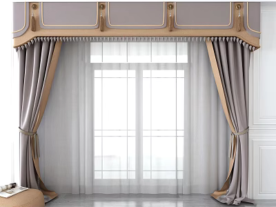 Elegant Gray Window Curtains With White Sheer And Gold Accent Valance Fringe 3d model