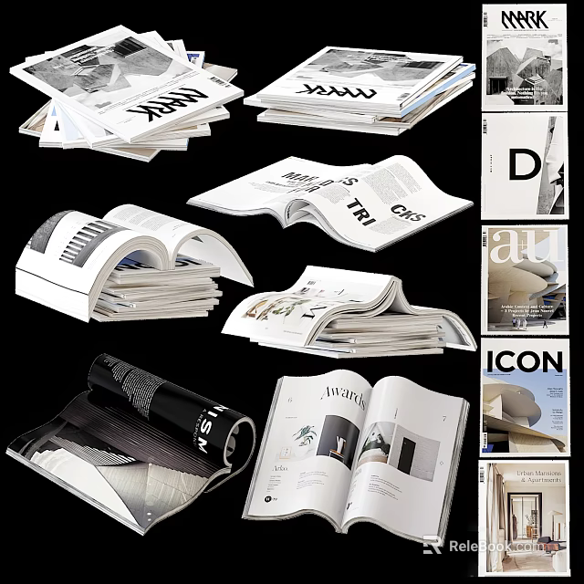 Modern Designed Books Magazines With Open Stacked Cover Pages And Inner Image Layouts 3d model 