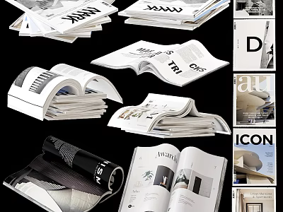 Modern Designed Books Magazines With Open Stacked Cover Pages And Inner Image Layouts 3d model